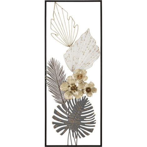 Pannello da parete Classic in ferro con foglie tropicali e fiori oro
