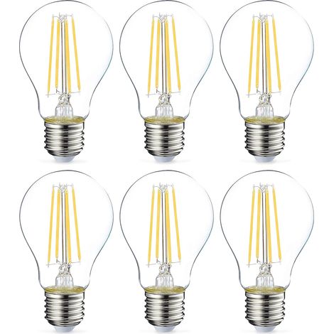 ampoules LED Culot Edison à vis E27 8 W (équivalent 60 W) blanc chaud Filament transparent Intensité non variable, Lot de 6 [Classe énergétique E]