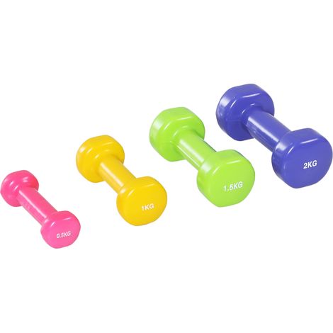 Jeu d'haltères courtes 10 kg, paires 0,5/1/1,5/2 kg avec malette, métal PU multicolore (1/5)