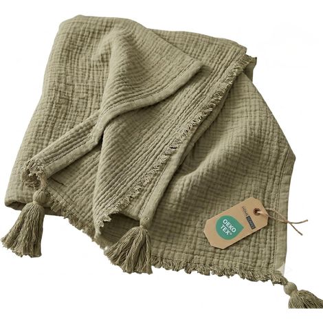 HOMESCAPES Pure Handmade Cotton Muslin Bed Throw Blanket, Sage Green (127 x 180 cm) (1/5)