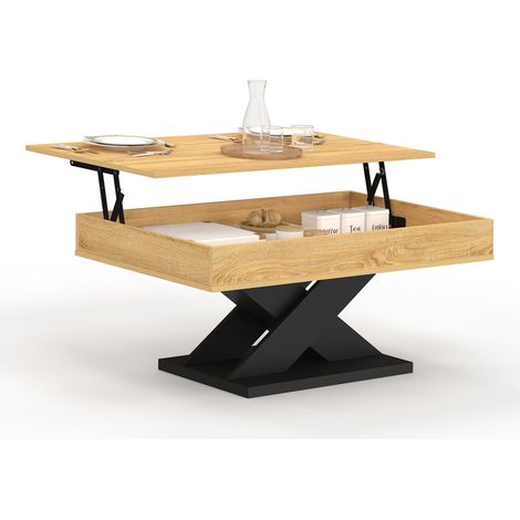 Idmarket – Table basse relevable en bois clair avec pied en X noir – Dimensions 110x60x45/58,5 cm – Rangement intégré sous le plateau