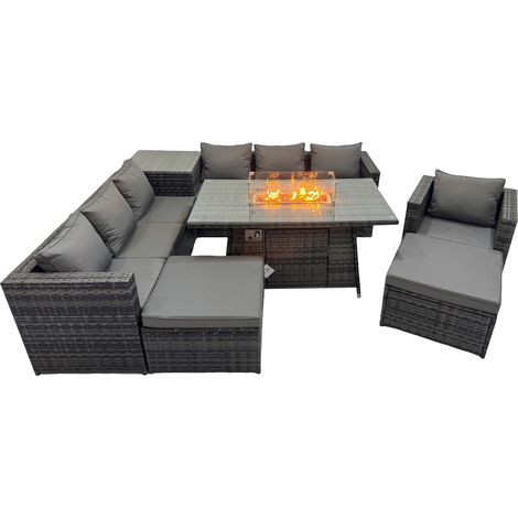 Fimous 9 Seater Garden Outdoor Rattan Furniture Set Patio Corner Sofa Gas Firepit Dining Table with Side Table 2 Big Stools Dark Grey (1/5)