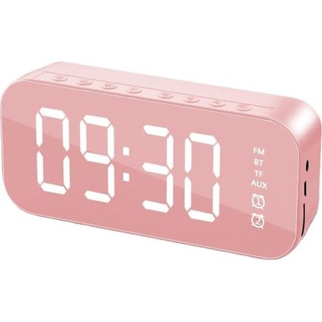 Réveil numérique Bluetooth – Haut-parleur intégré – Écran miroir – Chargement USB – Réveil de chevet avec lecture audio – Rose (1/5)