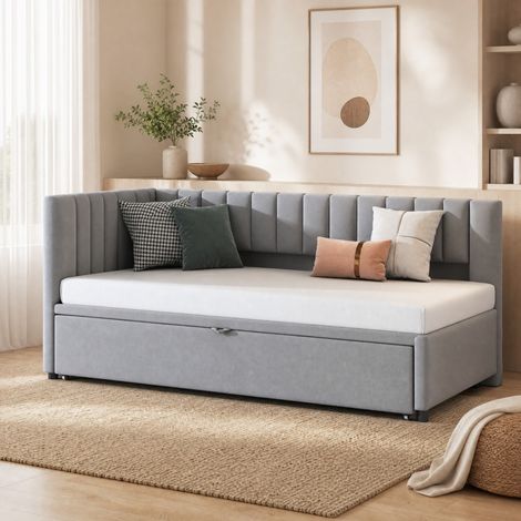 Sofá cama 208x97,5x75 cm de tejido afelpado gris, extensible para dormitorio FloraGrace (1/5)