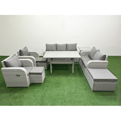 Fimous PE Rattan Garden Furniture Set Reclining Chair Sofa Double Love Seat 2 Seater Sofa Lounge Set Rectangular Dining Table 3 Stools Side Table Light Grey (1/4)