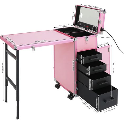 Borsa per il trucco con ruote, design pieghevole, ampio spazio di archiviazione, rosa (1/2)