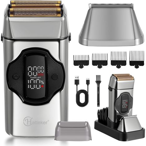 Rasoir Électrique 2 en 1 Homme, Rasoir à lame & Tondeuse, Tête magnétique, Tête amovible, 3 Vitesses, Étanche IPX7, Rasage Humide/sèche, Grand Écran LED, Charge USB Type-C & Base (Argent) (1/5)