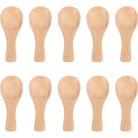 Lot de 10 petites cuillères en bois à manche court, idéales pour les petits pots de confiture, d'épices, de condiments, etc.