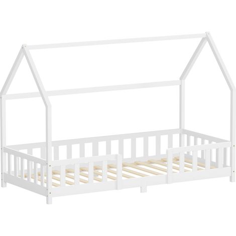 ML-Design Letto a Casetta per Bambini 90x200 cm, Colore Bianco, in Legno Massello di Pino, con Protezione Anticaduta, Tetto e Rete a Doghe, Struttura Montessori, Letto Singolo a Terra per Ragazzi