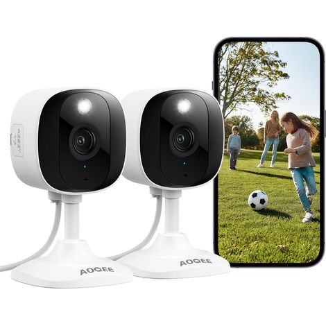 AOQEE Lot de 2 Caméras de Surveillance Extérieures/Intérieures 2K 3MP, Caméra WiFi 2.4GHz avec Détection Humaine IA, Vision Nocturne en Couleur, Sirène et Étanchéité IP65 (1/5)