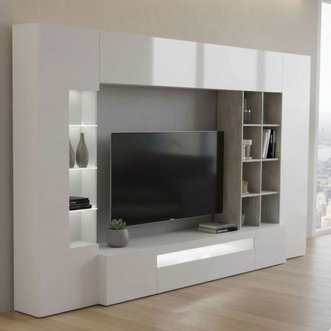 Dmora Parete attrezzata da soggiorno, Made in Italy, Base porta TV e pensili e scaffali, Set salotto moderno, cm 290x40h192, colore Bianco lucido e Cemento, con imballo rinforzato (1/5)