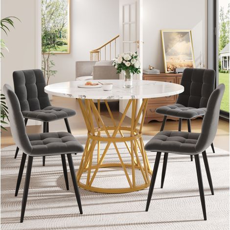 Esstisch-Set (5-teilig), Esstisch-Set mit 4 Stühlen, Modernes Küchen-Esstisch-Set, Runder Küchentisch mit 100 cm Durchmesser und Metallbeinen, MDF-Marmor-Tischplatte, Esszimmerstühle aus grauem Samt (1/5)