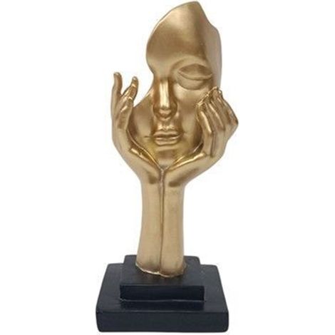 TrAdE Shop Traesio - Scultura Viso Con Mani Statua Decorativa Astratta Donna Per Soggiorno Ufficio Ingresso - Oro (1/2)