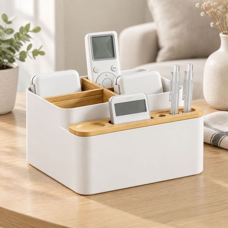 Porte Télécommande avec 4 Compartiments – Range Télécommande TV en PS Givré Blanc, Organiseur Bureau 18x16x10 cm (1/5)