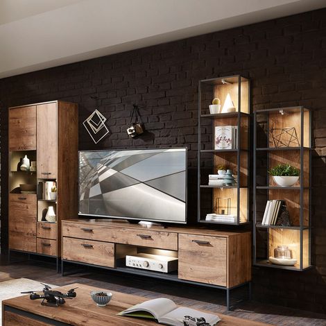 Industrial-Design TV-Wohnwand MINNEAPOLIS-55 in Haveleiche Cognac Dekor mit Matera anthrazit, B/H/T ca: 320/196/48 cm (1/5)
