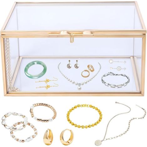 Boîte à Bijoux,Boîte de Rangement D'affichage de Bijoux en Verre Rétro,Boîte à Bijoux de Voyage,Cas de Stockage pour les Anneaux Boucles D'oreilles Collier Bracelets(Bord de Cuivre,10 7 6CM) (1/5)