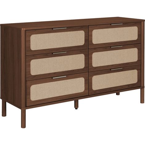 Commode vintage décor bois et cannage 6 tiroirs noyer - Etta (1/5)