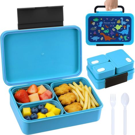Lunch Box,Boîte à Déjeuner Campus,Bento Lunch Box Enfant Boîte 1200ml,Boîte à Repas avec Trois Compartiments et des Couverts,sans BPA, pour Micro-Ondes et Lave-Vaisselle (Bleu) (1/5)