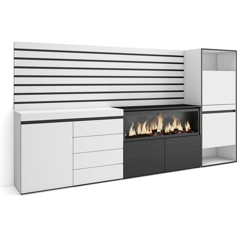 Skraut Home - Sideboard, Kommode, Aufbewahrungsschrank, 274x145x35 cm, Für Schlafzimmer, Zimmer, Elektrokamin XXL, Kommode mit Schubladen, Schuhschrank, Moderner Stil, Weiß (1/5)