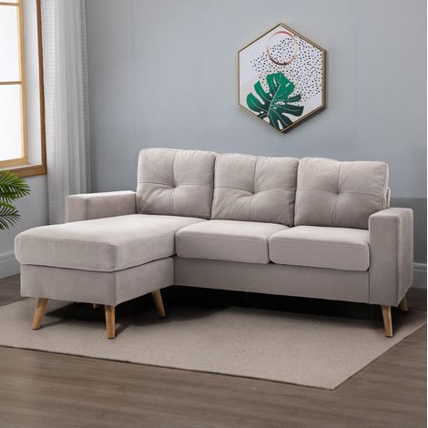 REDOM sofá esquinero 193x136x85 cm, 3 plazas con chaise longue reversible, acolchado suave, lino gris claro (1/5)