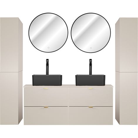 Badmöbel Set 5-teilig mit 120 cm Doppelwaschtisch & 2 LED-Spiegel, in Beige - DURANGO-56 (1/5)