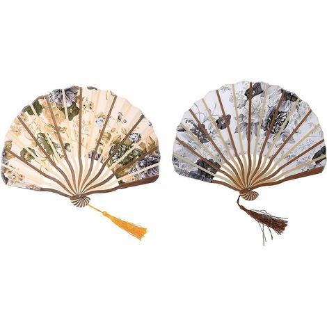 Set aus 2 Faltfächern aus Bambus und Stoff mit einem Muster aus chinesischen grauen Pfingstrosen, Weiß und Beige (1/5)