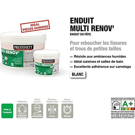 Enduit Lissage et Rebouchage 3 en 1 PRESTONETT MULTI RENOV en Pot 4 KG en Pâte pour Intérieur et Extérieur