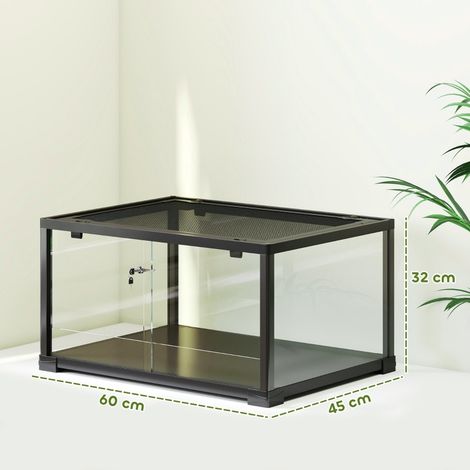 Terrarium pour reptiles noir 86L verre 60x45x32cm porte coulissante verrouillable, habitat étanche adapté lézards geckos insectes araignées (1/5)
