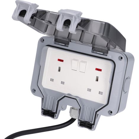 Doppelte Außensteckdose mit Kabel, wetterfestes Gehäuse (IP66), britischer Standard 250 V 13 A, 2 Steckdosen, für den Außenbereich geeignet (1/5)