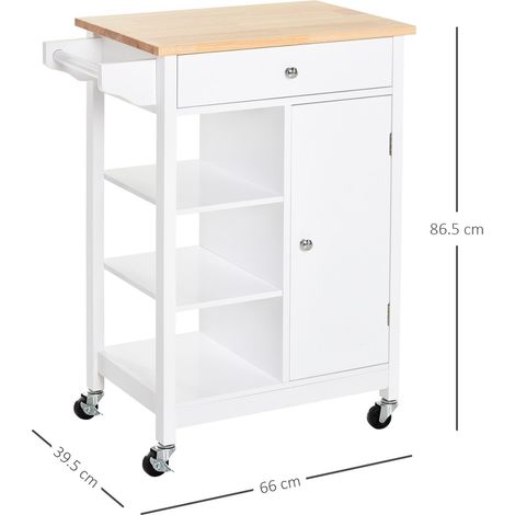 Desserte de cuisine gain de place en MDF avec plan de travail en hévéa, tiroir, placard, 3 étagères, étagères réglables, porte-torchons et roulettes pivotantes, 66 x 39,5 x 86,5 cm, blanc (1/5)