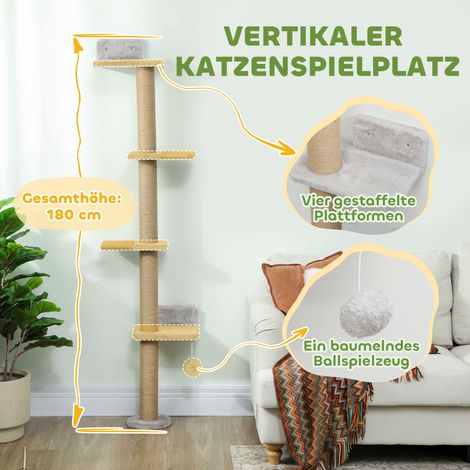 Arbre à chat design 5 niveaux, jouet griffoir poteau sisal, tissu peluche gris clair (1/5)
