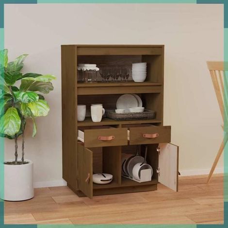 Buffet haut - 820160 - Marron miel - Bois massif de pin - 67 x 40 x 108,5 cm (1/5)