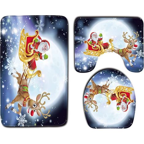 Lot de 3 tapis de salle de bain, set de housse de siège de WC de Noël, stickers muraux, tapis antidérapant, descente de toilette, couverture de cuvette, décoration festive pour la maison (1/2)