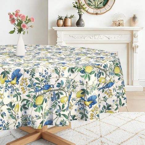 Nappe Ronde 180 cm avec motif citron et oiseau, facile d'entretien & infroissable