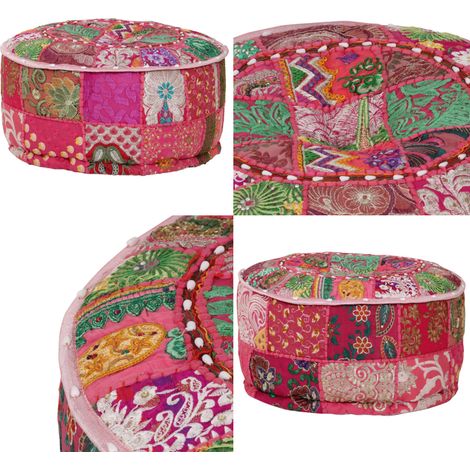 Pouf rond en coton en patchwork fait à la main 40 x 20 cm Rose - Pouf - Fauteuil - Décoration Intérieure - Mobilier Ethnique - Coussin Décoratif - Home & Living (1/5)