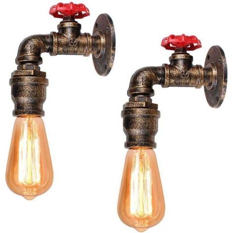 Set of 2 Vintage Industrial Retro Tube Wall Lights E27 - Rusty Water Pipe Style (Bulbs Not Included)