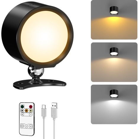 Applique Murale Intérieure Sans Fil, Lampe Murale Sans Fil Rechargeable Dimmable avec Télécommande 360° Rotation Applique Murale Sans Percage pour Chambre Chevet, Noir (1/5)