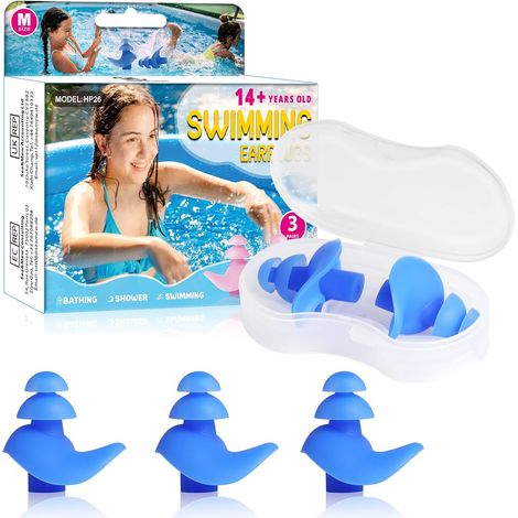 [3 paia] Tappi per le orecchie da nuoto, tappi in silicone impermeabili per bambini e adulti per nuoto, doccia, piscina e altri sport acquatici (blu) (1/5)