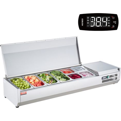 VEVOR Estación de Preparación de Condimentos Refrigerada, Estación de Condimentos Refrigerada para Encimera de 155 W, Cuerpo Inoxidable 304 y Tapa de PC, Mesa de Preparación 1480 x 404 x 280 mm
