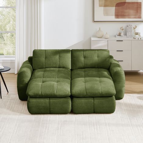Divano modulare 2 posti senza montaggio, chenille verde, 194 x 160 x 68 cm, con 2 ottomani OKMYHOME (1/5)