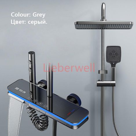 Système de douche cascade gris mat, panneau en verre, mélangeur de pluie, ensemble de douche, affichage numérique Intelligent, robinet de douche pour salle de bains Température de l'eau froide chaude (1/4)