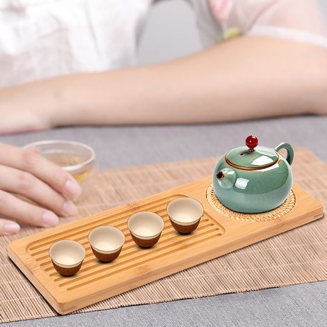 Plateau de service portable rectangulaire en bambou pour théière Kung Fu, idéal pour ranger et servir le thé. (1/5)