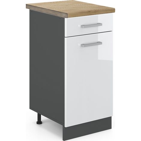 Küchenunterschrank R-Line, Weiß Hochglanz, 40 cm , AP Eiche, Vicco