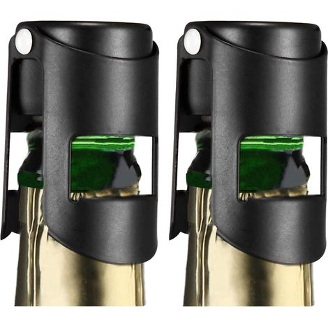 Set aus zwei schwarzen Champagnerverschlüssen aus Edelstahl mit luftdichtem Silikonverschluss zur Aufbewahrung von Prosecco und Cava (1/5)