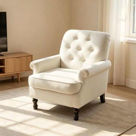 Sillón individual con cojín de asiento grueso, muelles ensacados y tapizado de lino crema DESVIAE (1/5)