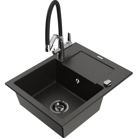Mexen Enzo lavello in granito a 1 vasca con sgocciolatoio e miscelatore cucina Duo, nero/oro metallizzato - 6506-75-671701-07-B (1/5)