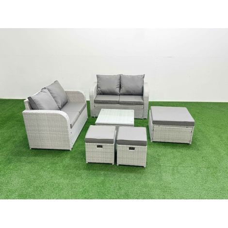 Fimous 7 Seater Outdoor Love Sofa Set Rattan Garden Furniture Set with Square Coffee Table 3 Footstool Light Grey (1/4)