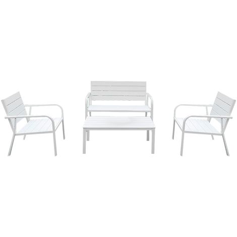 Ensemble de salon de jardin Arbus avec deux chaises canape' table basse en me'tal peint et re'sine thermoplastique blanche pour usage exte'rieur