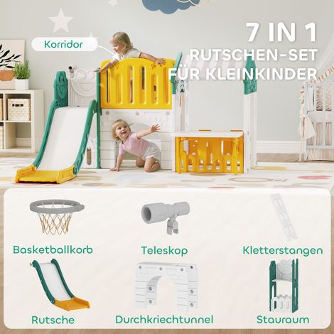 Ensemble de jeu 7-en-1 pour enfants : toboggan, structure d'escalade, maisonnette, tableau noir, panier de basket, plastique jaune et vert, 1-4 ans (1/5)
