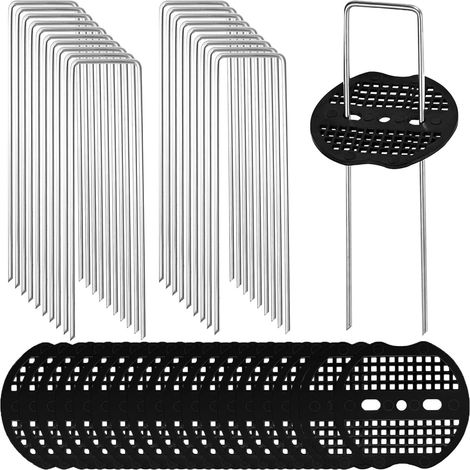 Lot de 20 agrafes de sol en forme de U - Extrémités pointues réglables - En acier galvanisé - 100 mm x 40 mm - Pour gazon artificiel, filet de jardin, tentes, tissu paysager (1/5)